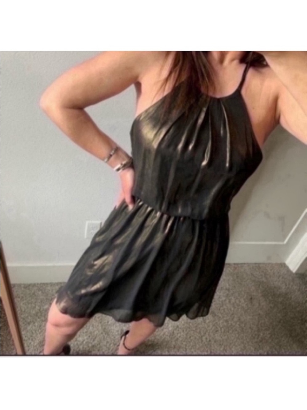 Nordstrom Lush Gold metallic Halter mini/knee length dress Sz S